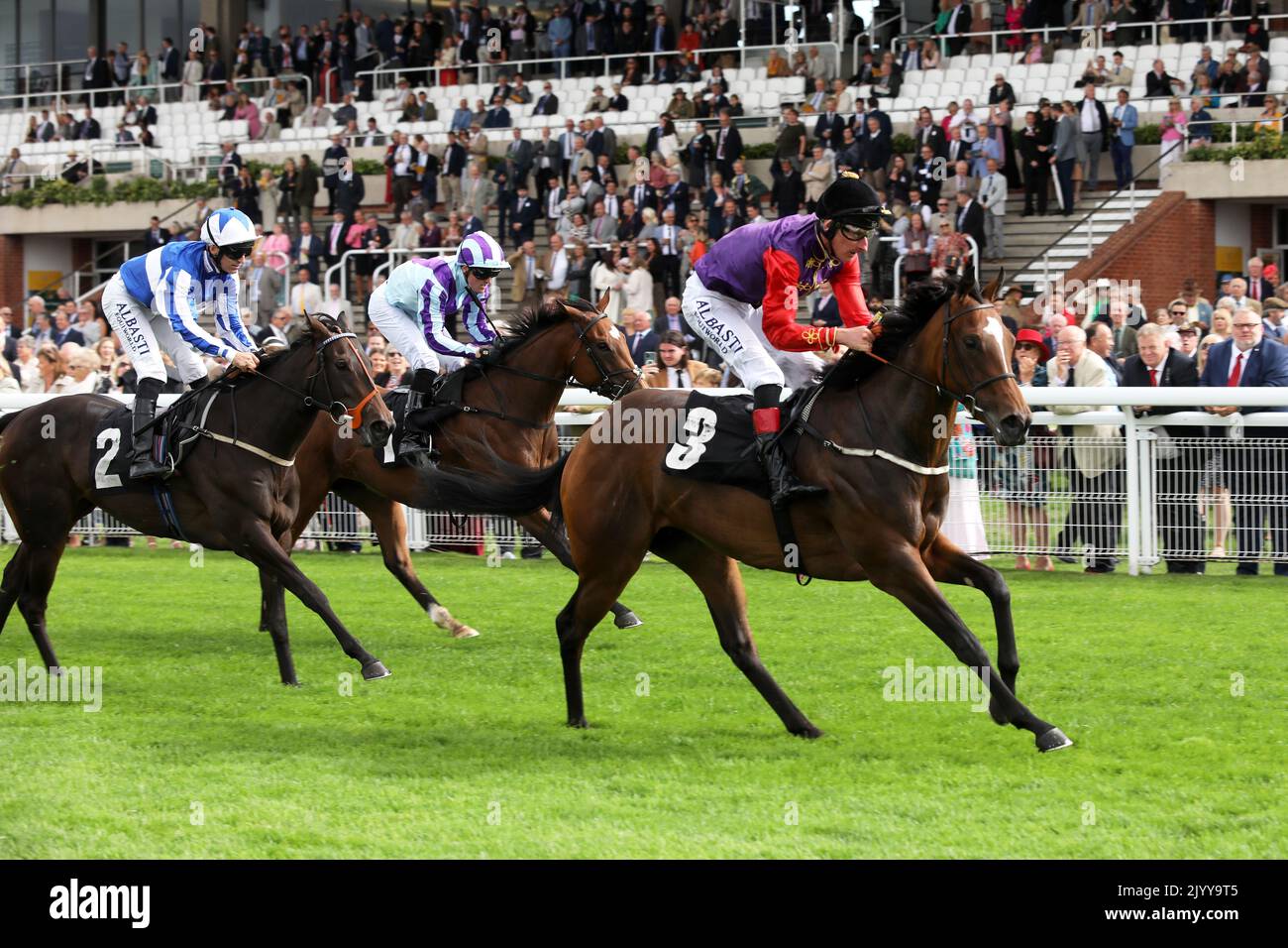 Chichester, West Sussex, UK. The Queen was a winning owner for the final time on Tuesday – the same day she officially appointed Liz Truss to become the 15th prime minister of her reign – when the Clive Cox-trained Love Affairs landed a Goodwood nursery winner under Adam Kirby. Stock Photo