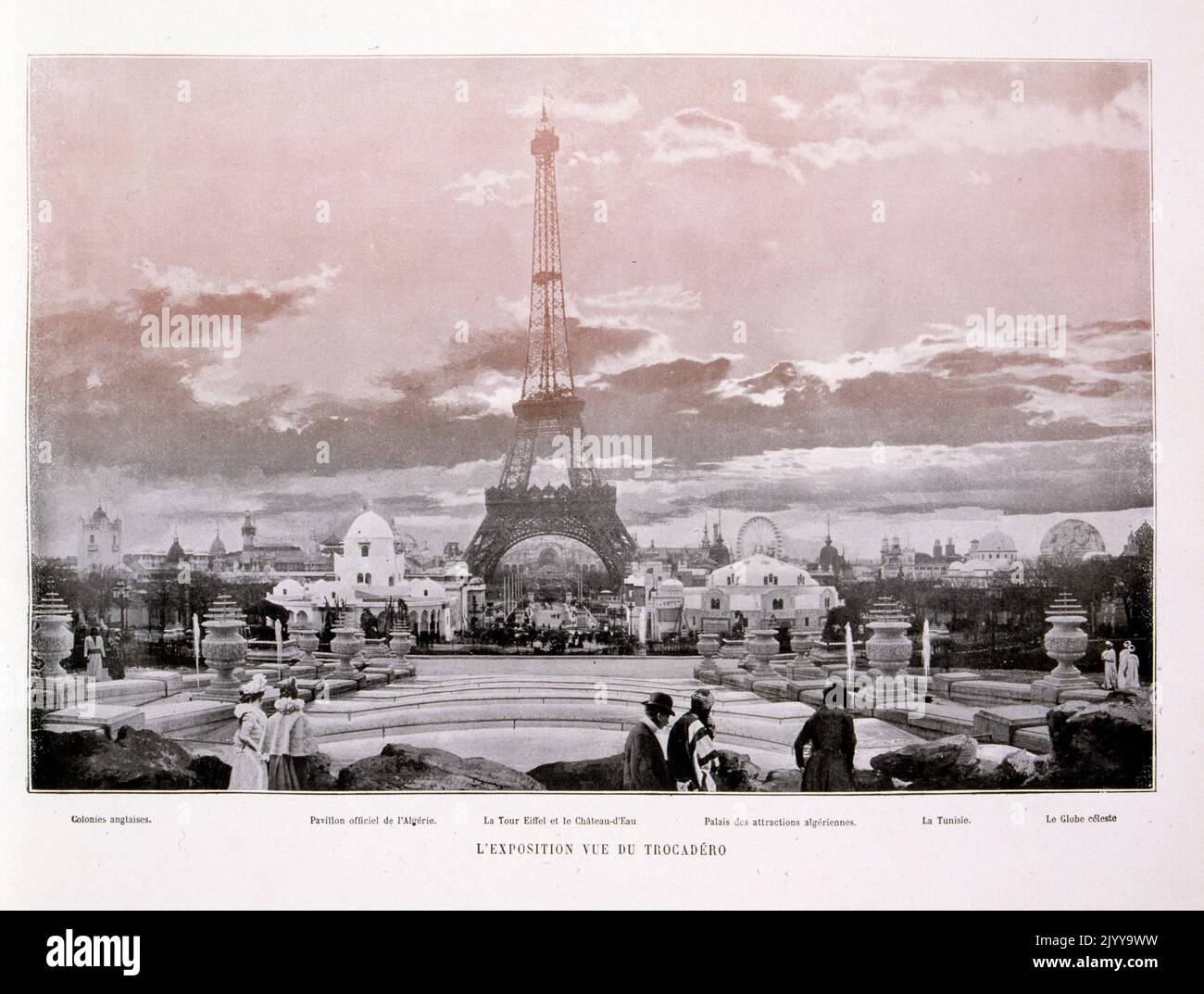 Exposition Universelle (World Fair) Paris, 1900; The Exposition Universelle of 1900, better known in English as the 1900 Paris Exposition, was a world's fair held in Paris, France, from 14 April to 12 November 1900, to celebrate the achievements of the past century and to accelerate development into the next. The style that was universally present in the Exposition was Art Nouveau. The fair, visited by nearly 50 million, displayed many technological innovations; black and white photograph of the Eiffel Tower taken from the Trocadero Stock Photo