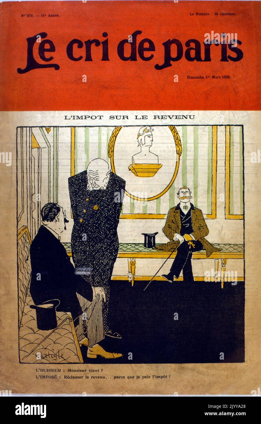 Paper publication entitled 'Le cri de Paris' dated 1 March 1908. Colour Illustration men in a waiting room talking about taxes. Stock Photo