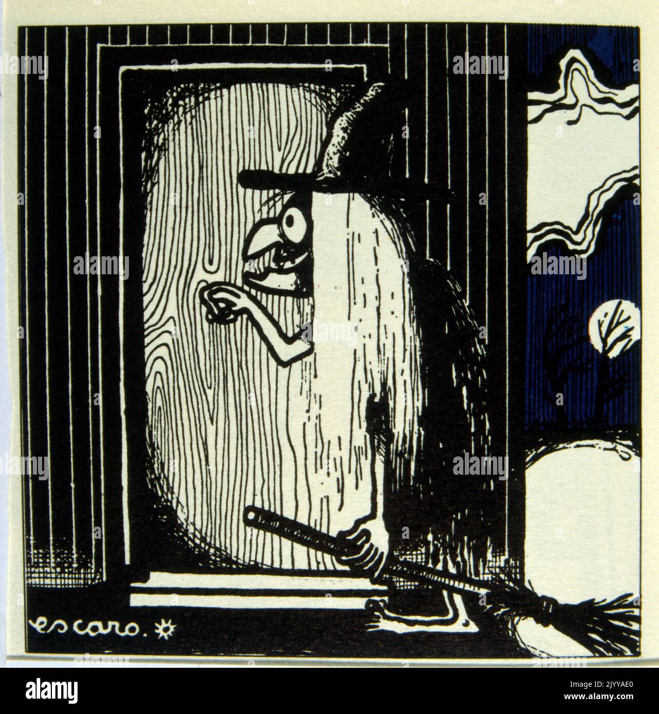 Black and white image of a witch knocking at the door illustrated by Escarot. Stock Photo