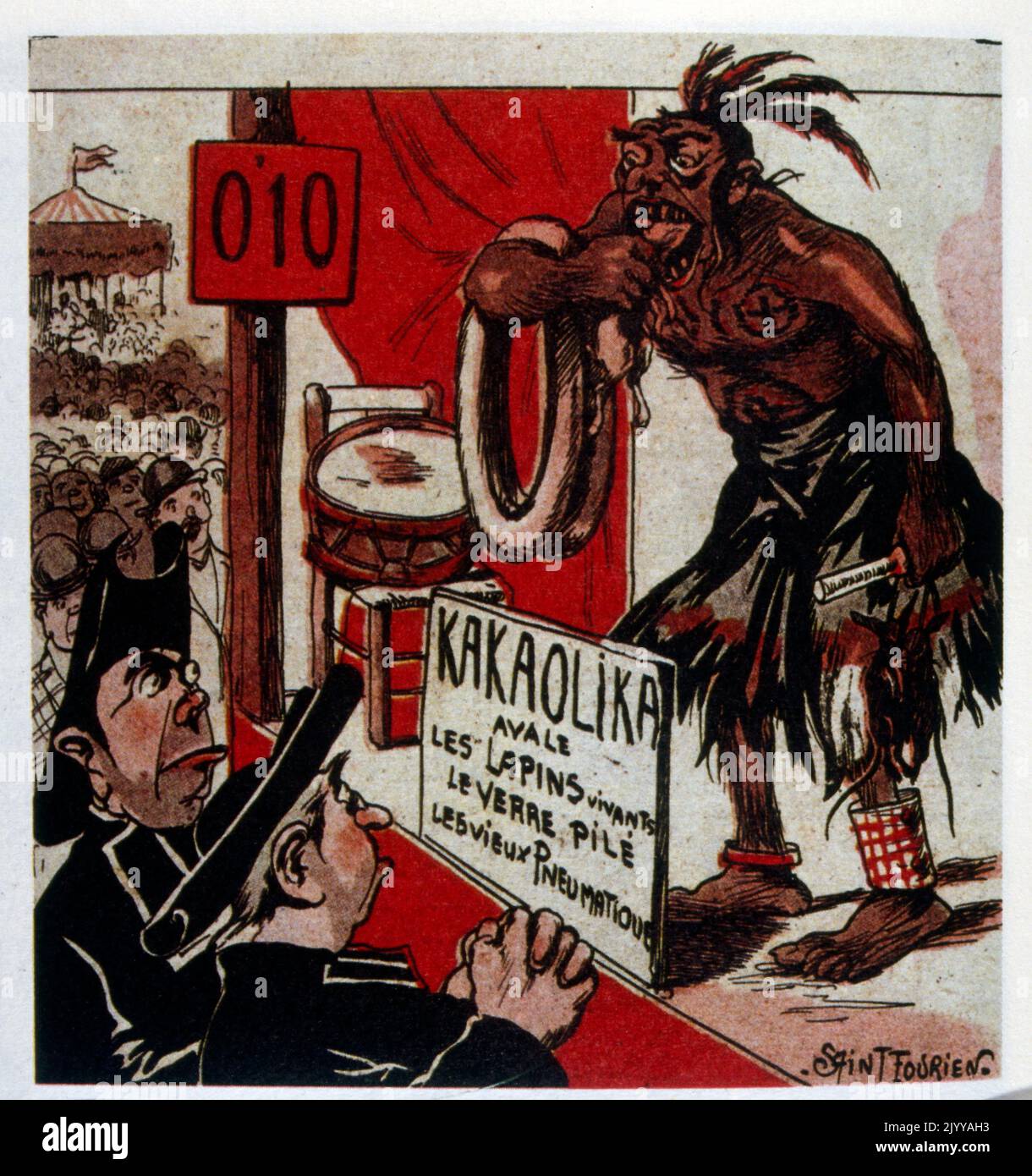 Coloured Illustration of a freak show with a character called Kakaolika on stage with a plaque in front saying that he swallows live rabbits, glasses and tyres. Illustrated by Spint Foorien. Stock Photo