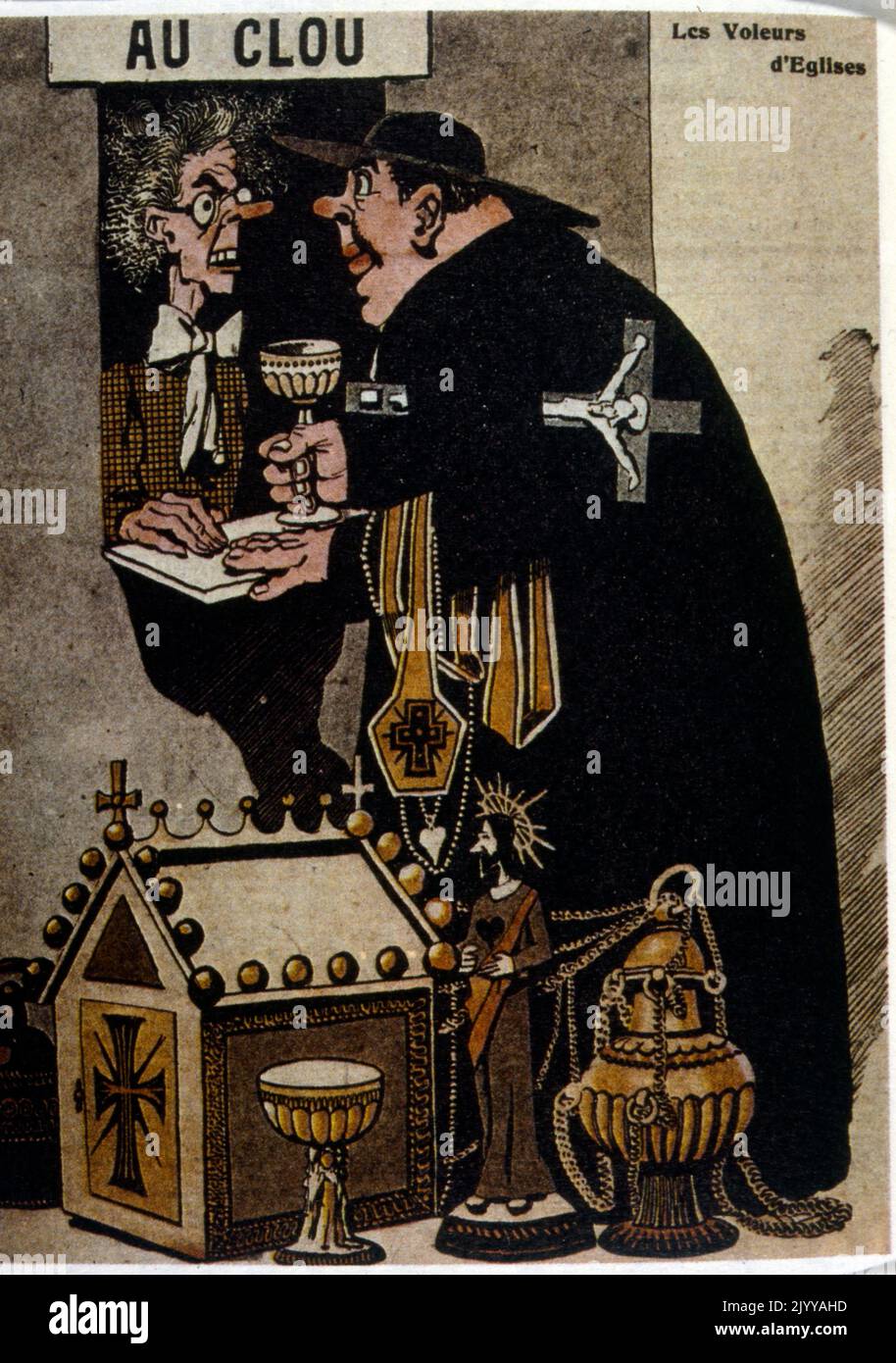 A priest at a pawn shop window trying to cash in the gold and silver from the church altars captioned "The thieves of the Church". Stock Photo