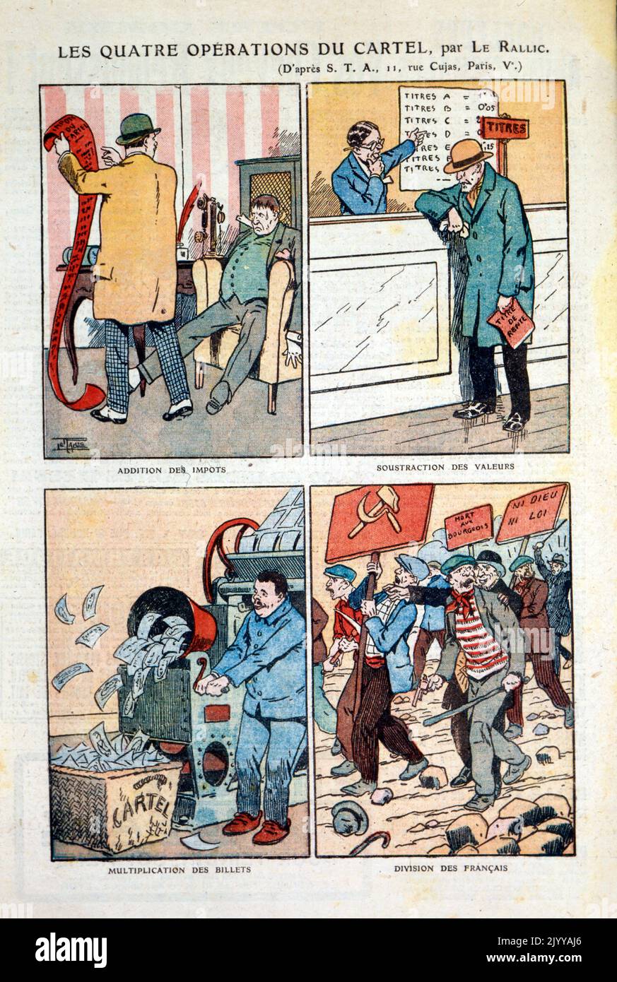 Colour comic strip entitled 'The four operations of a cartel' by Etienne Le Rallic. Four images include more taxes, fewer values multiplied by bank notes equals the division of the French. Stock Photo