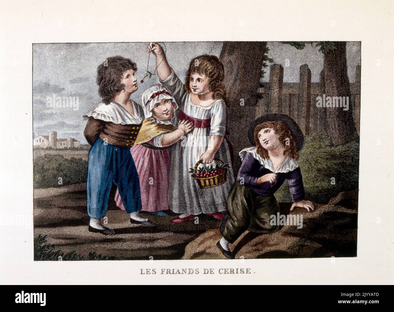 Painting entitled 'The Cherry Pickers'; image of four children, one holding a basket of cherries and feeding another child. Stock Photo
