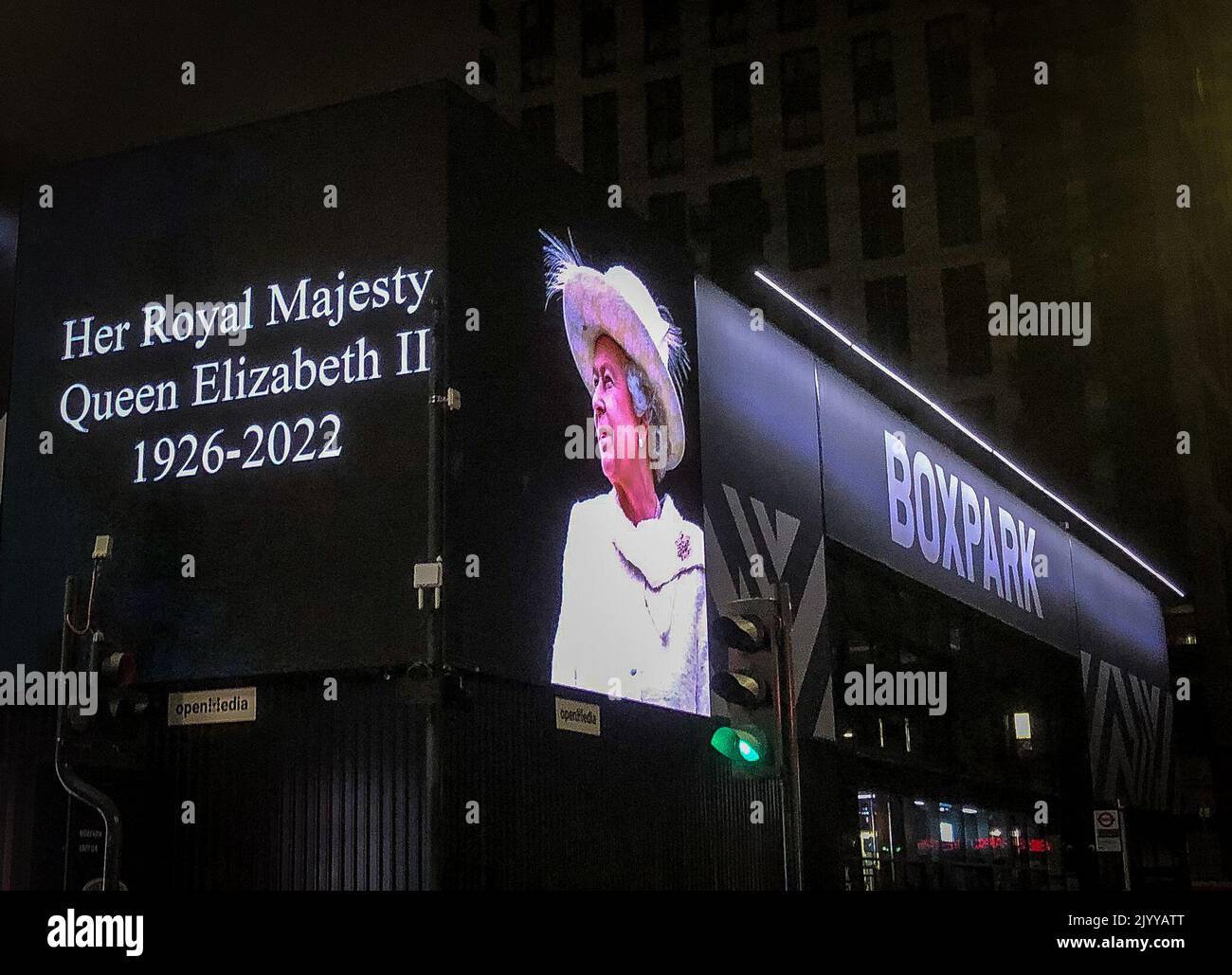 London, UK. 08th Sep, 2022. Queen Elizabeth II is displayed at Boxpark near to Wembley Stadium on September 8, 2022 following news of her death at the age 96 earlier in the day. Photo by Andrew Aleksiejczuk. Credit: PRiME Media Images/Alamy Live News Stock Photo