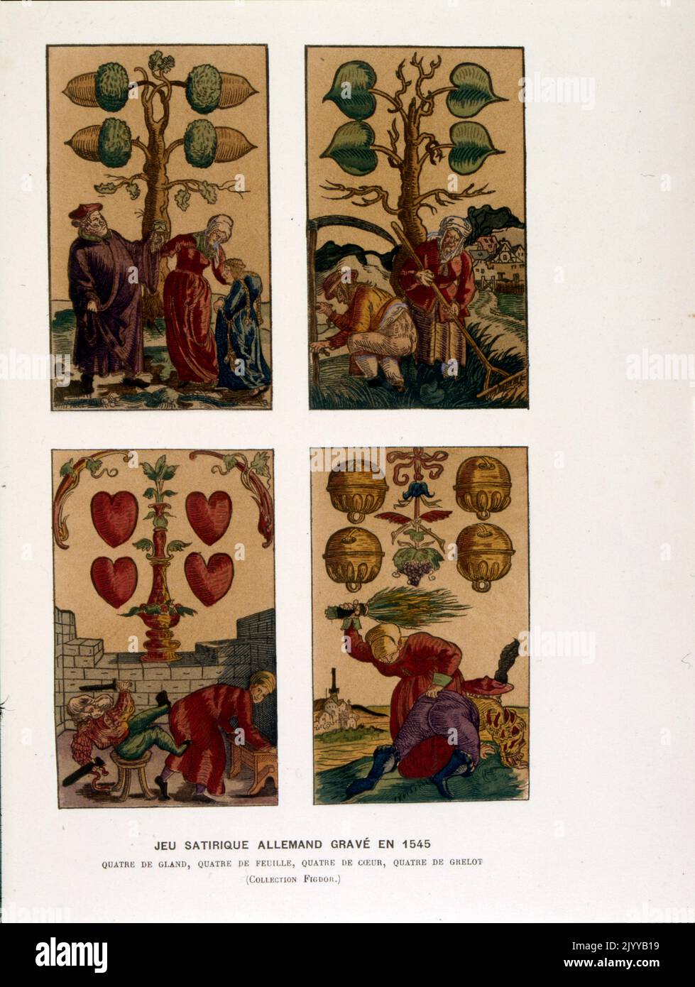 Coloured Illustration of playing cards; Satirical German pack engraved in 1545. Stock Photo