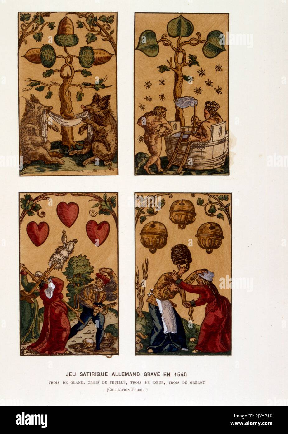 Coloured Illustration of playing cards; Satirical German pack engraved in 1545. Stock Photo