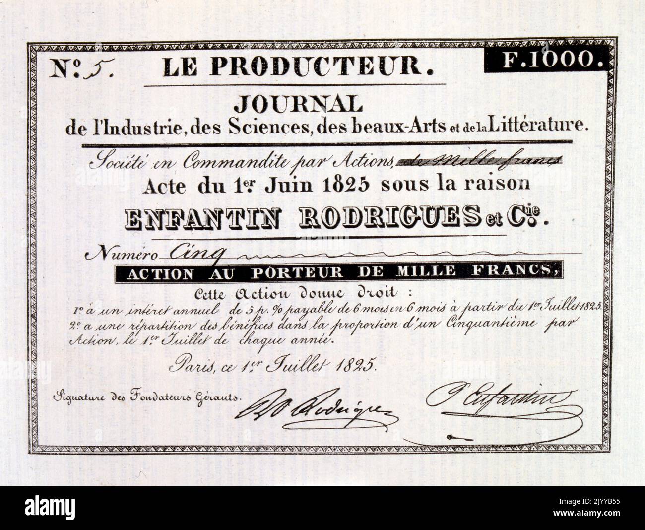 Black and white image of a certificate or bank note for 1000 francs dated 1 July 1825, issued by the Journal of Industry, the Sciences, the Fine Arts and Literature. Stock Photo