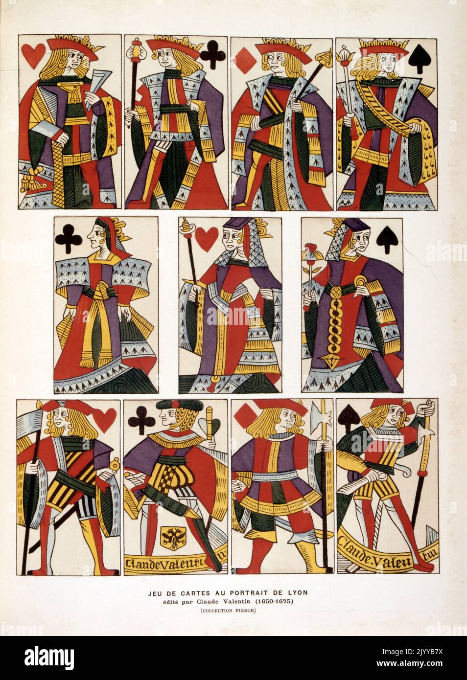 Coloured Illustration of playing cards depicting portraits of Lyon published by Claude Valentin (1650-1675). Stock Photo