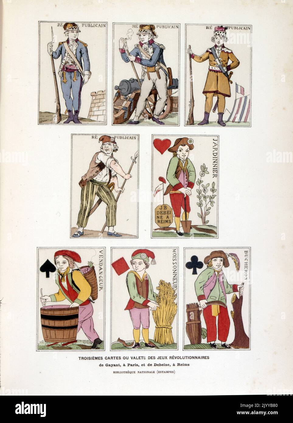 Coloured Illustration of third cards otherwise known as jacks of revolutionary games made by Gayent in Paris. Stock Photo