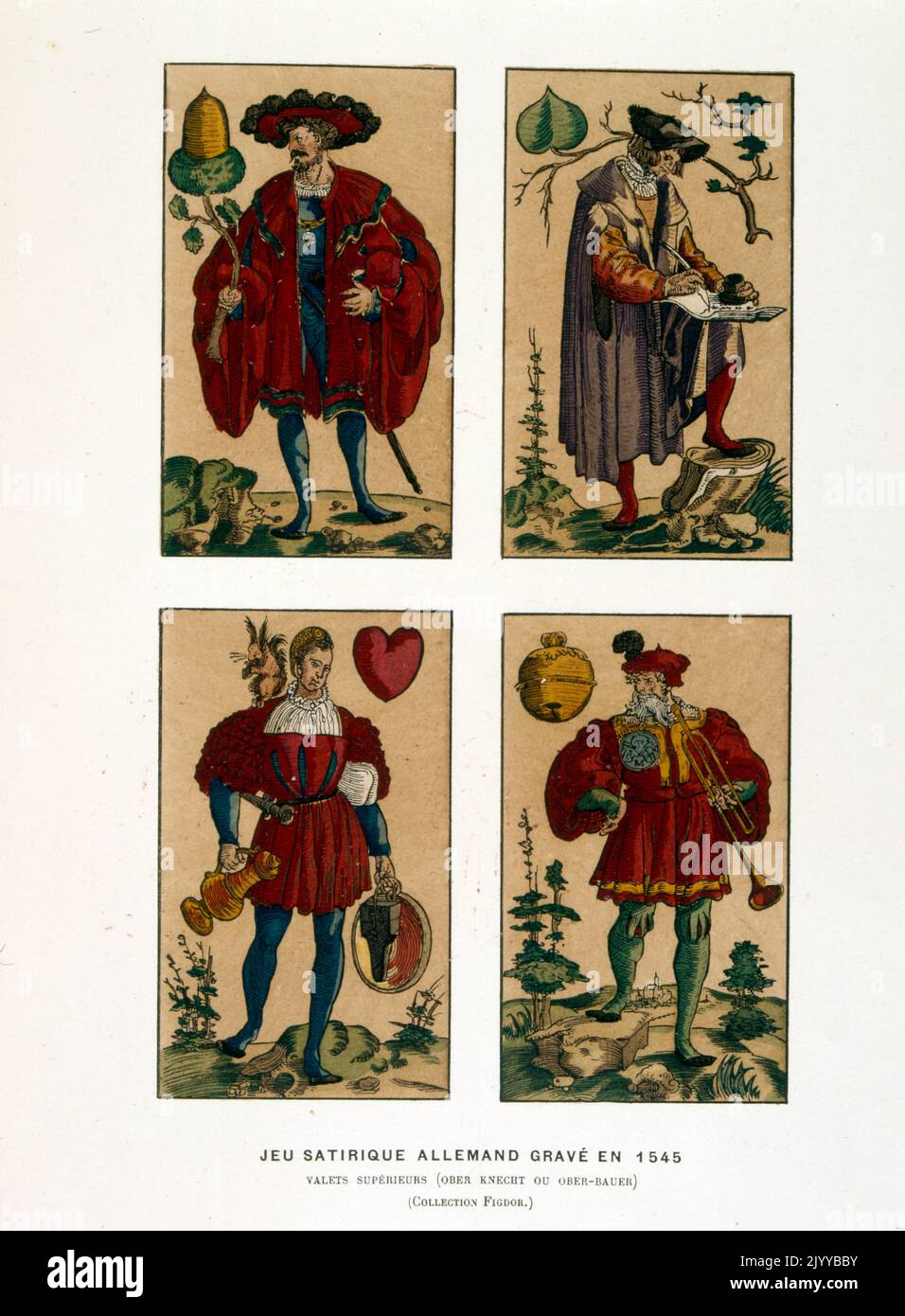 Coloured Illustration of playing cards; satirical German playing cards depicting Jacks engraved in 1545. Stock Photo