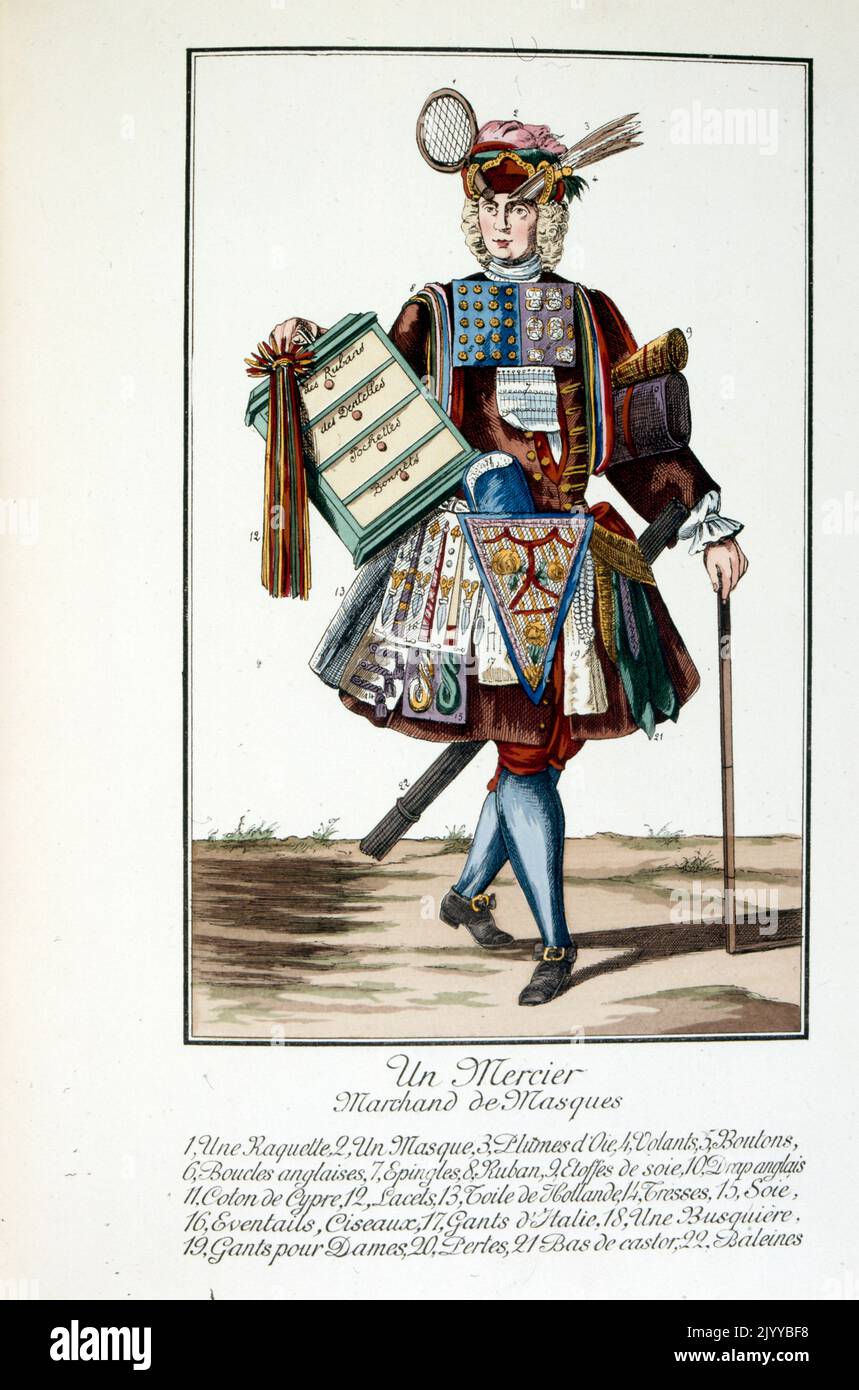 Playing cards depicting men in a costume wearing the tools of the trade of the dressmaker. Stock Photo