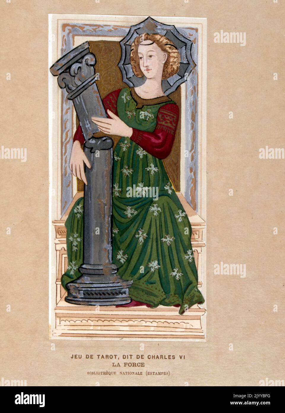 Coloured Illustration of tarot cards said to belong to Charles VI entitled 'The Force' depicting a woman breaking a classical column. Stock Photo