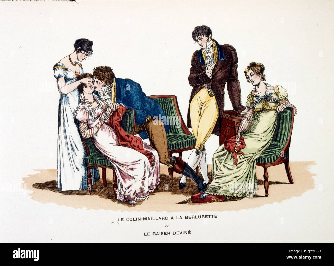 Coloured Illustration of young people playing a parlour game called the Colin-Maillard, otherwise known as the divine kiss. A man sits on a woman. Stock Photo