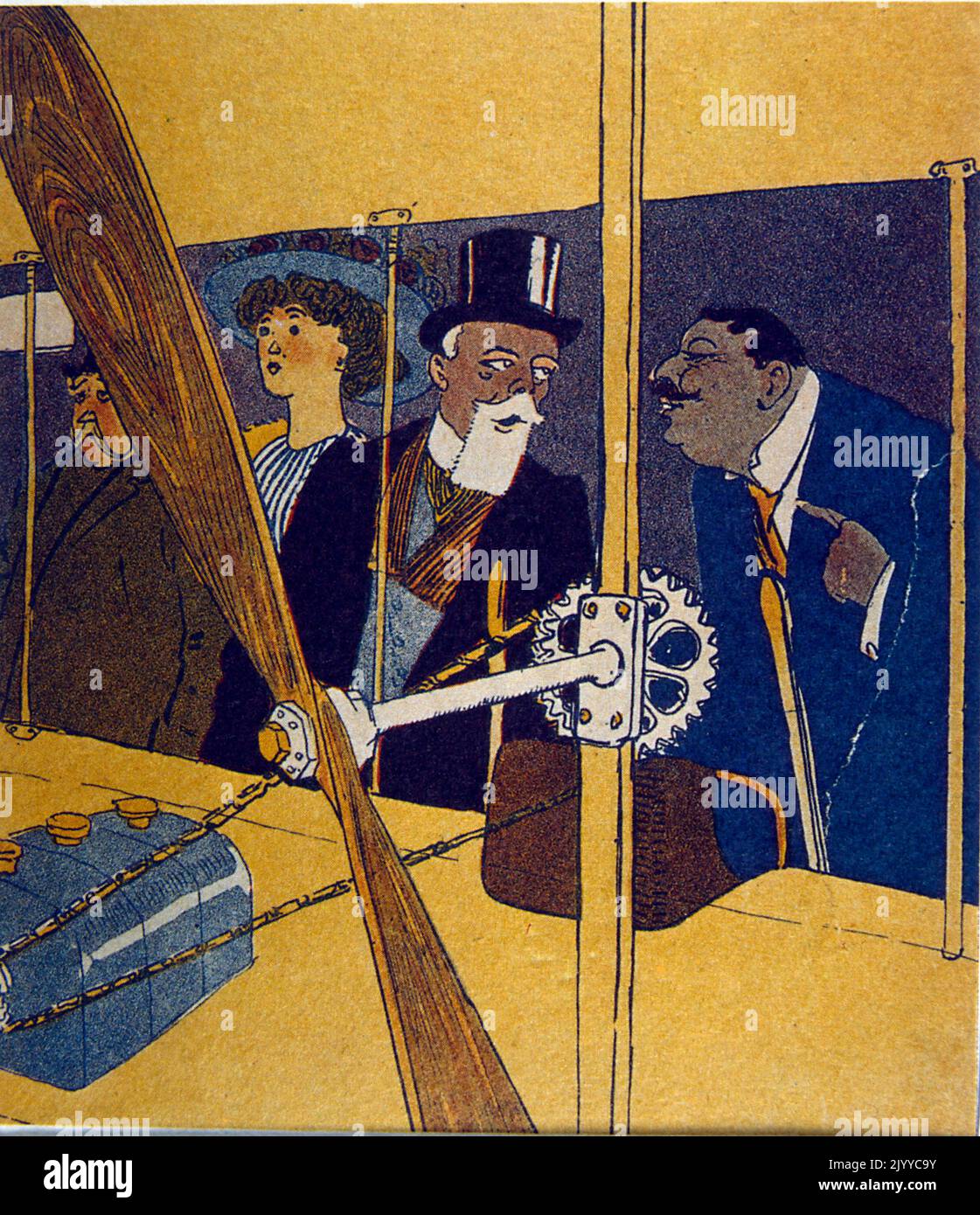 Coloured Illustration of a well-dressed, top-hatted man looking at an Exhibit of a propeller. Stock Photo
