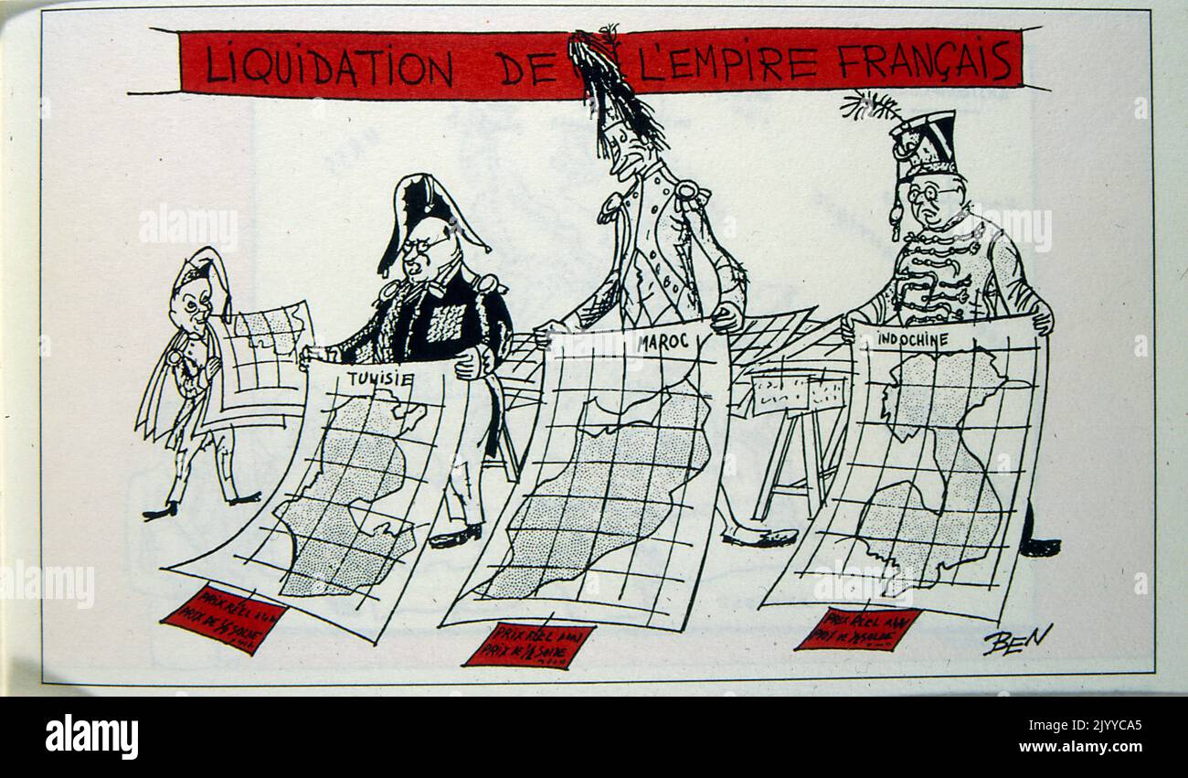 Line drawing in black and white with a red banner behind saying 'Liquidation of the French Empire'. An elderly statesmen hold up large maps of Tunisia, Morocco and Indochina. Stock Photo