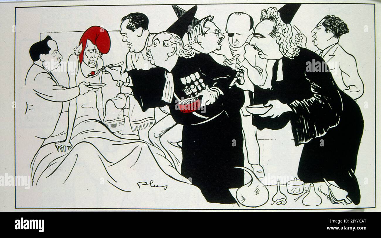 Satirical Illustration depicting men in black conical hats resembling ministers of the church offering pills to a sick woman in bed. The container of pills is labelled 'Pills to reform the state'; signed Plus. Stock Photo