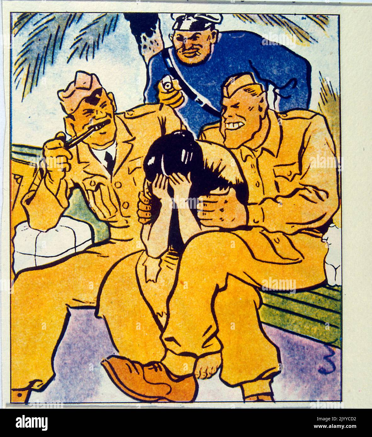 Coloured Cartoon depicting three soldiers; two of them overshadow a young woman who is bowing her head in grief; a palm tree is in the background. Stock Photo
