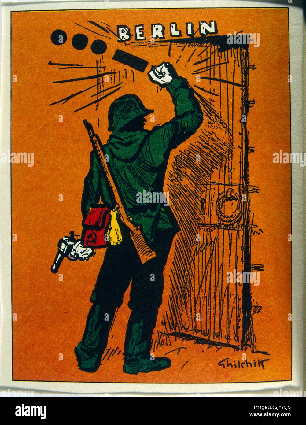Satirical Illustration depicting an allied soldier knocking on a door