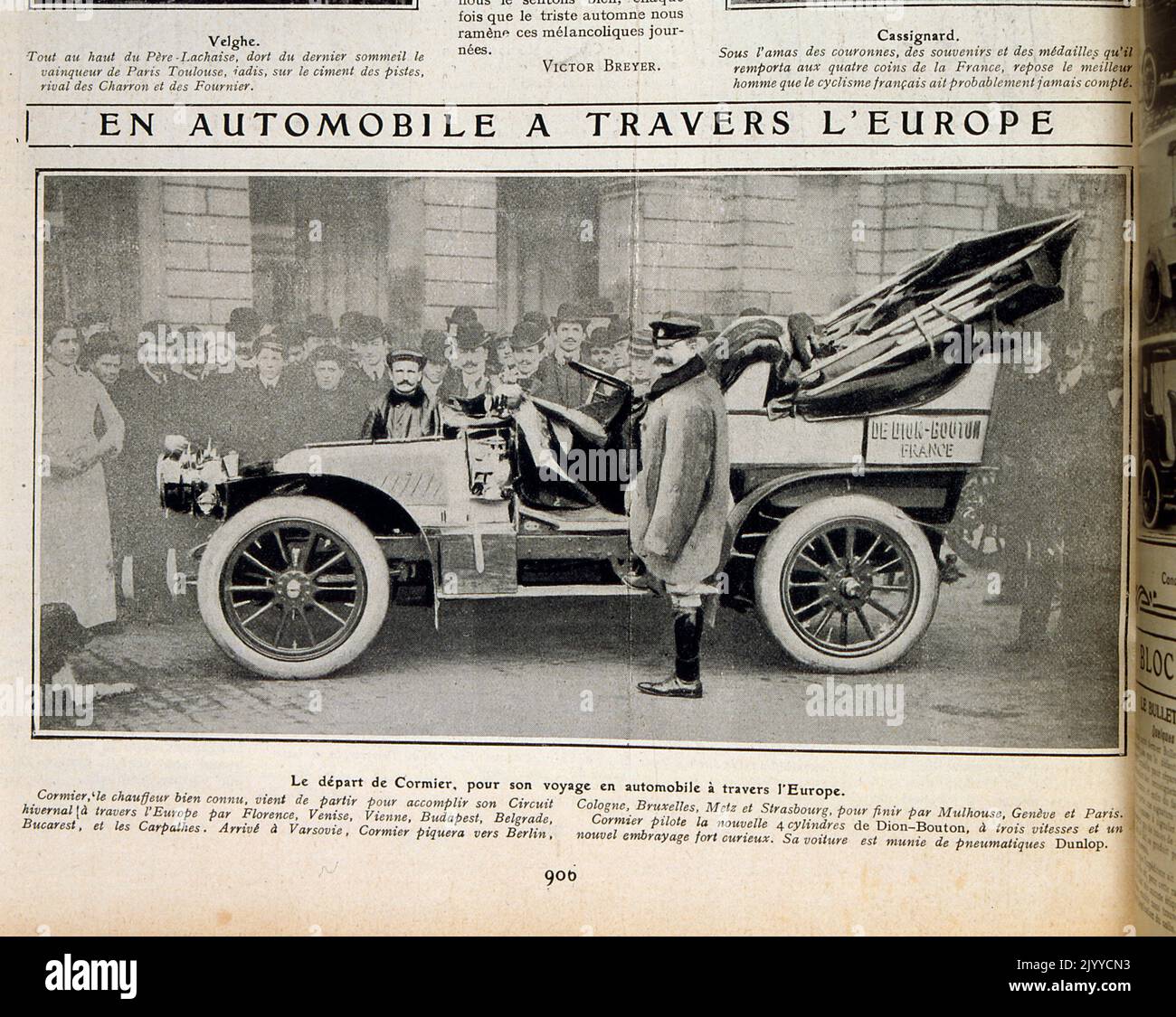 Photograph inside of the lifestyle magazine La Vie au Grand Air; a motorcar on the departure from Cormier for its trip around Europe. Stock Photo