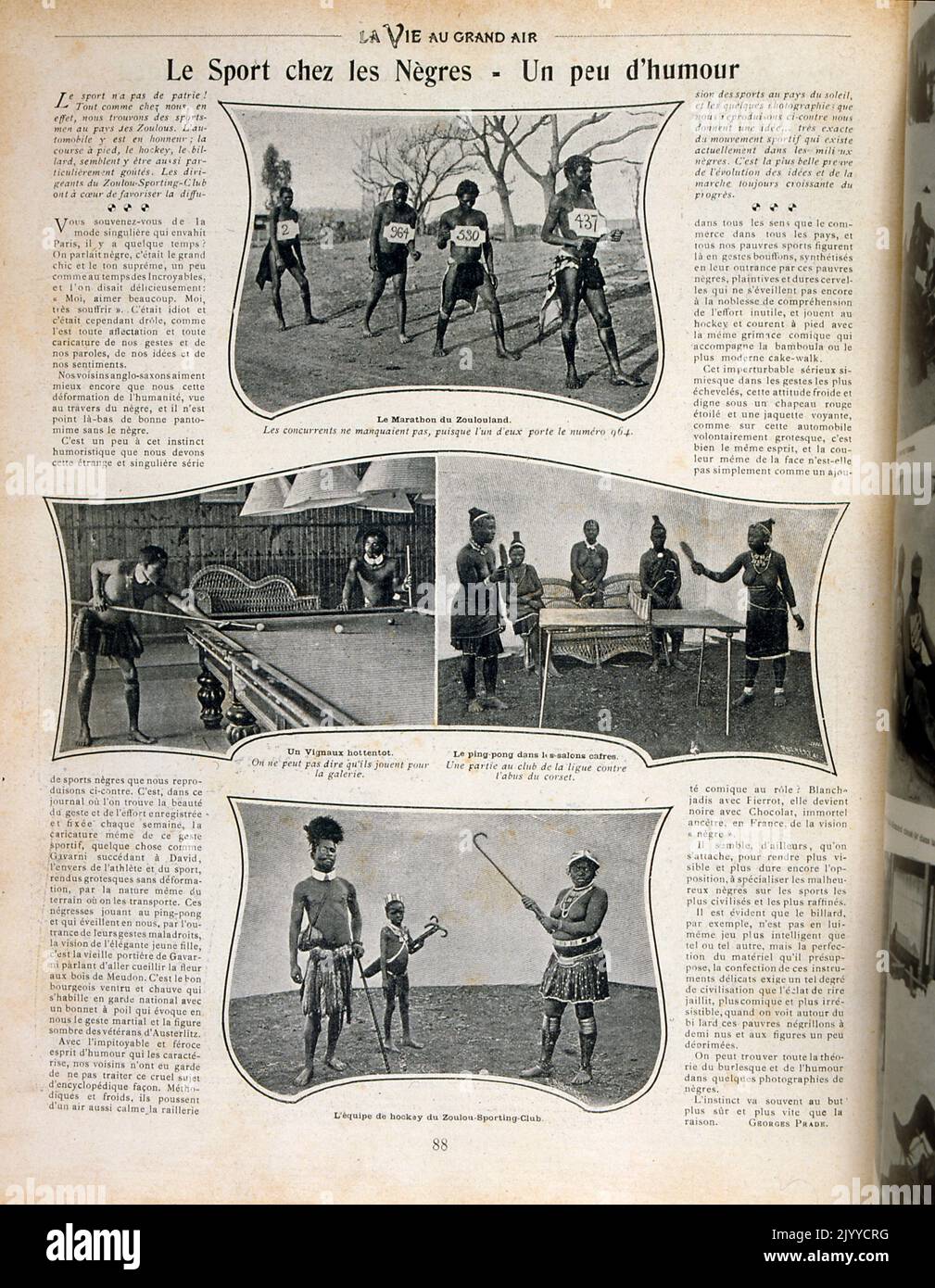 From the magazine La Vie au Grand Air (Life in the Outdoors); Black and white photographs of Africans participating in Western sports, including the marathon, snooker, table tennis and hockey. Entitled 'Sports for black people (a little bit of humour)' - ethnocentric/racist. Stock Photo