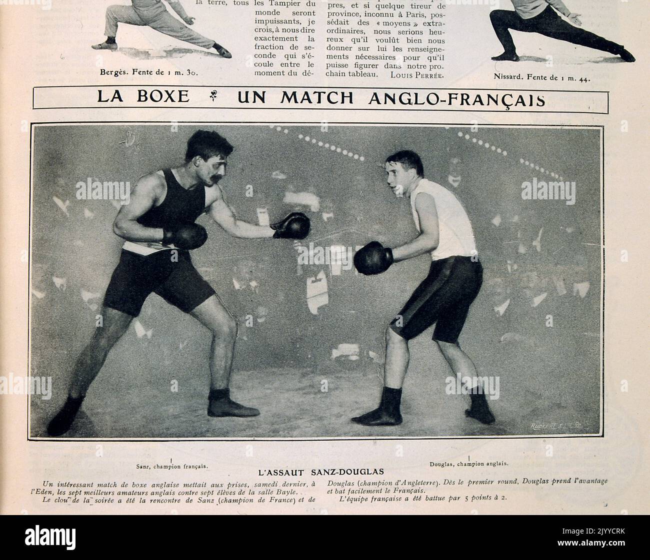 Photograph inside of the lifestyle magazine La Vie au Grand Air; Boxing match between and English man and a French man in an Anglo-French boxing championships in which the English win by five points. Stock Photo