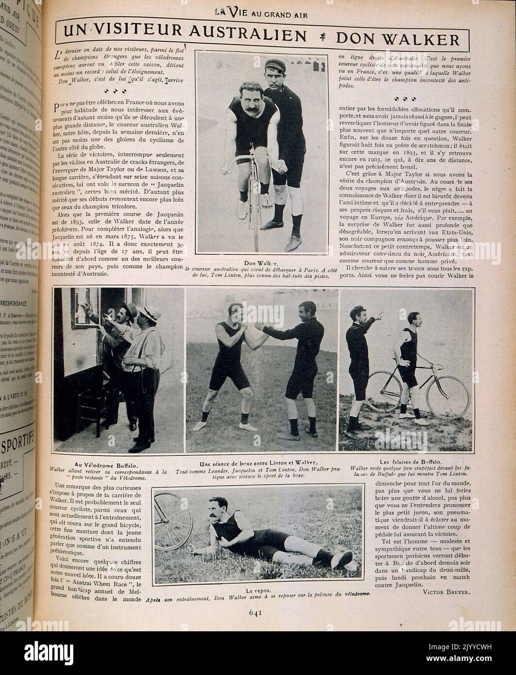 From the magazine La Vie au Grand Air (Life in the Outdoors); Black and white photographs of cycling and boxing. They show the Australian visitor Don Walker participating in various sporting activities. Stock Photo