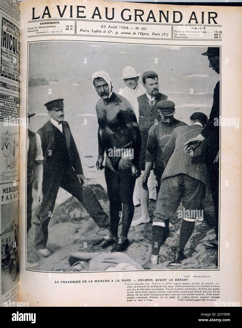 From the magazine La Vie au Grand Air (Life in the Outdoors); Black and white photograph on cover page of Channel swimmers dated 25 August 1904. Swimmers about to cross the Channel. The swimmer Holbein had to stop his attempt after swimming 20 miles, which was 4/5 of the route. He was going to try for the sixth time. This photograph was taken on the beach at Lyden-spout. Stock Photo