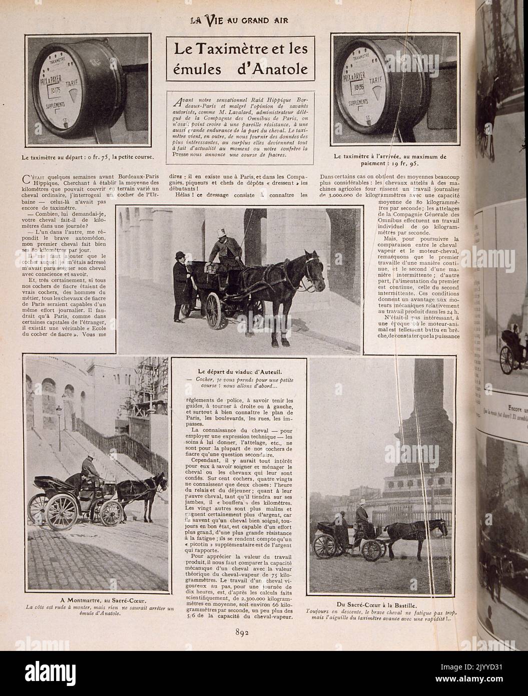 From the magazine La Vie au Grand Air (Life in the Outdoors); Black and white photographs of early taxis showing the meter attached to the wheels of the carriage drawn by horse Stock Photo