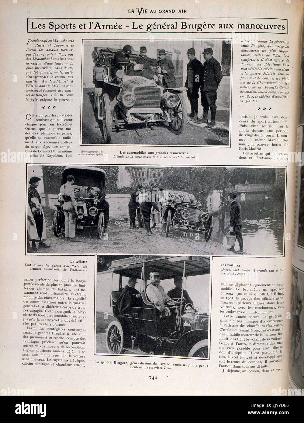 Photograph inside of the lifestyle magazine La Vie au Grand Air; General Joseph Brugere in his motorcar. Stock Photo