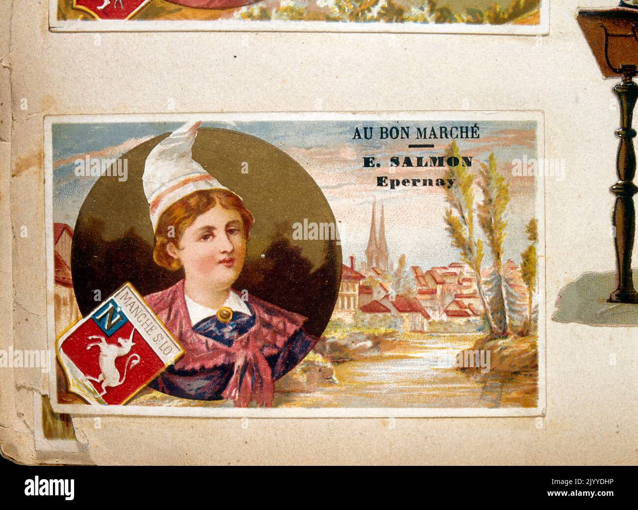 Trade card from the 'Au Bon Marche' collection, printed by E. Salmon Epernay, depicting Saint-Lo, France. Stock Photo