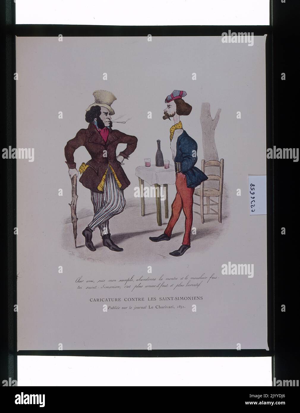 Satirical Illustration entitled 'Caricature against St, Simonien'. Two men wear thespian outfits. Stock Photo