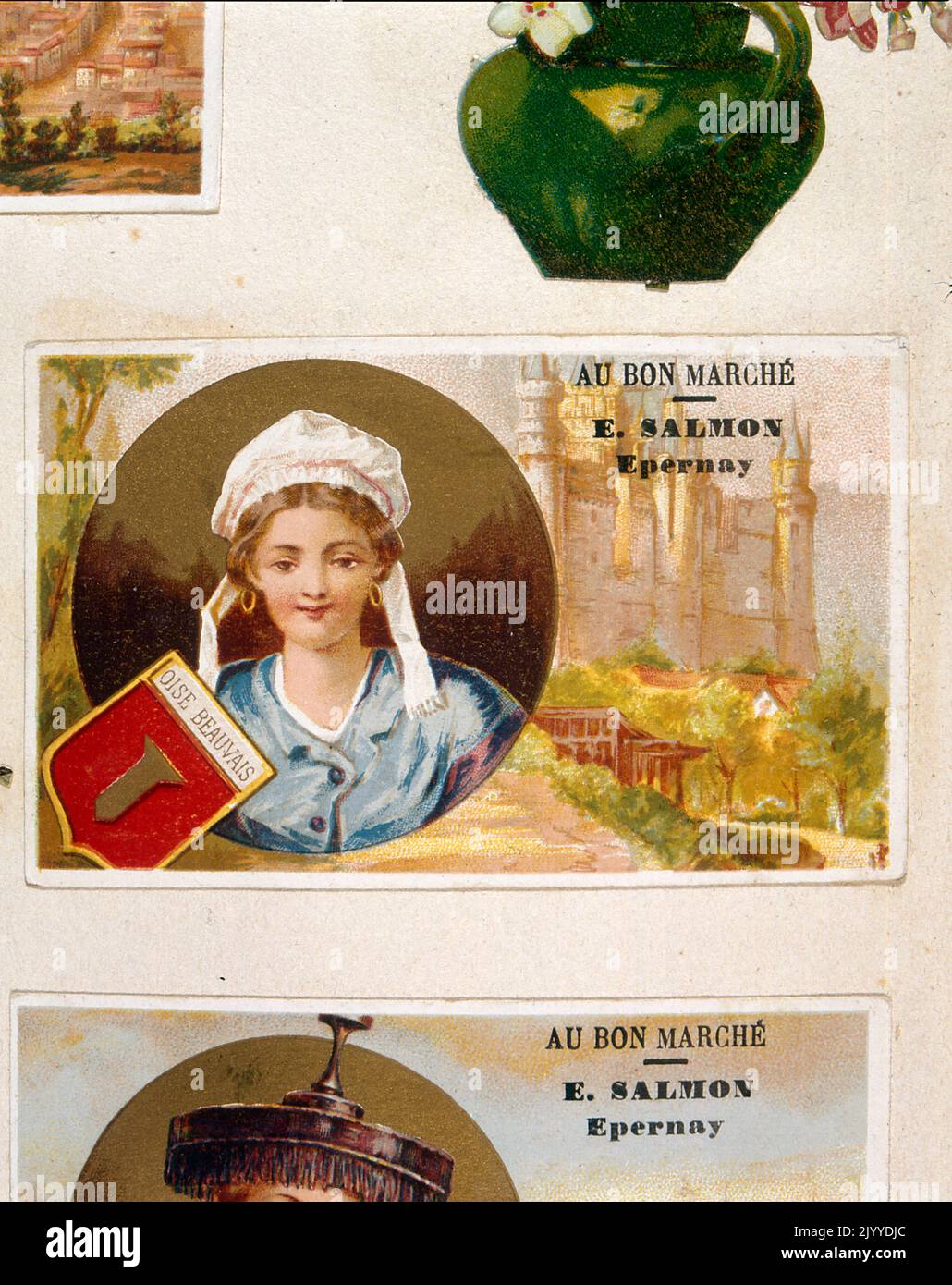 Trade card from the 'Au Bon Marche' collection, printed by E. Salmon Epernay, depicting Oise Beauvais, France. Stock Photo