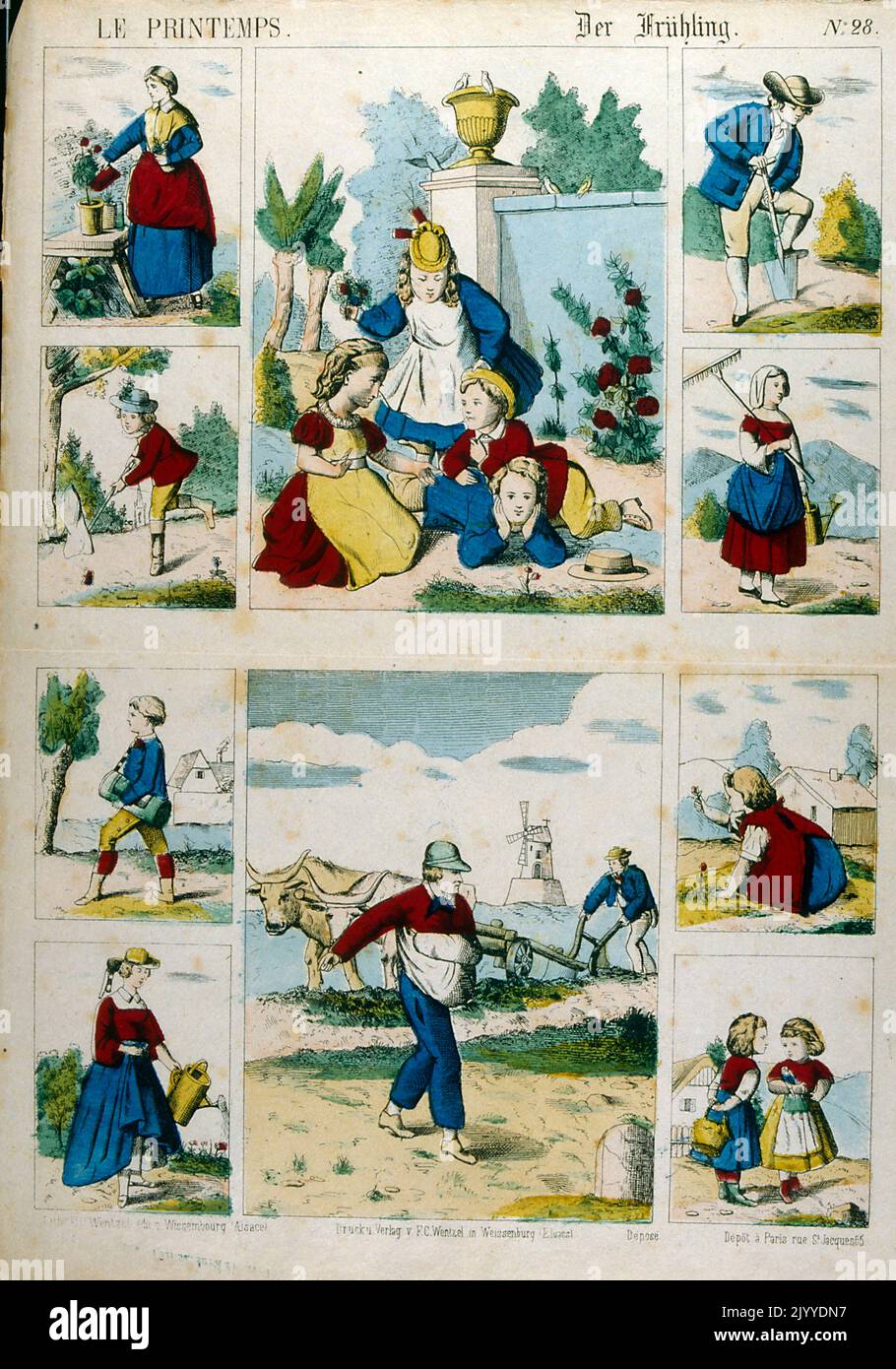 Coloured Illustration entitled 'Springtime' depicting German children in rural settings. Stock Photo