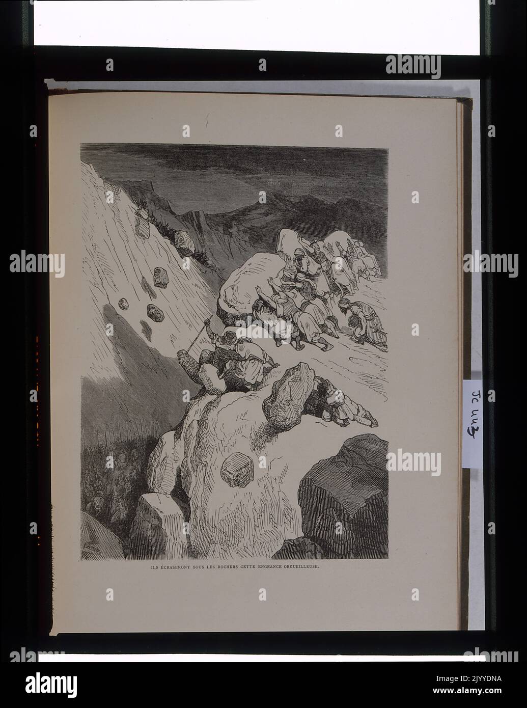 Engraving entitled 'They will crash upon the rocks this proud vengeance' depicting men in turbans rolling rocks off a cliff. Stock Photo