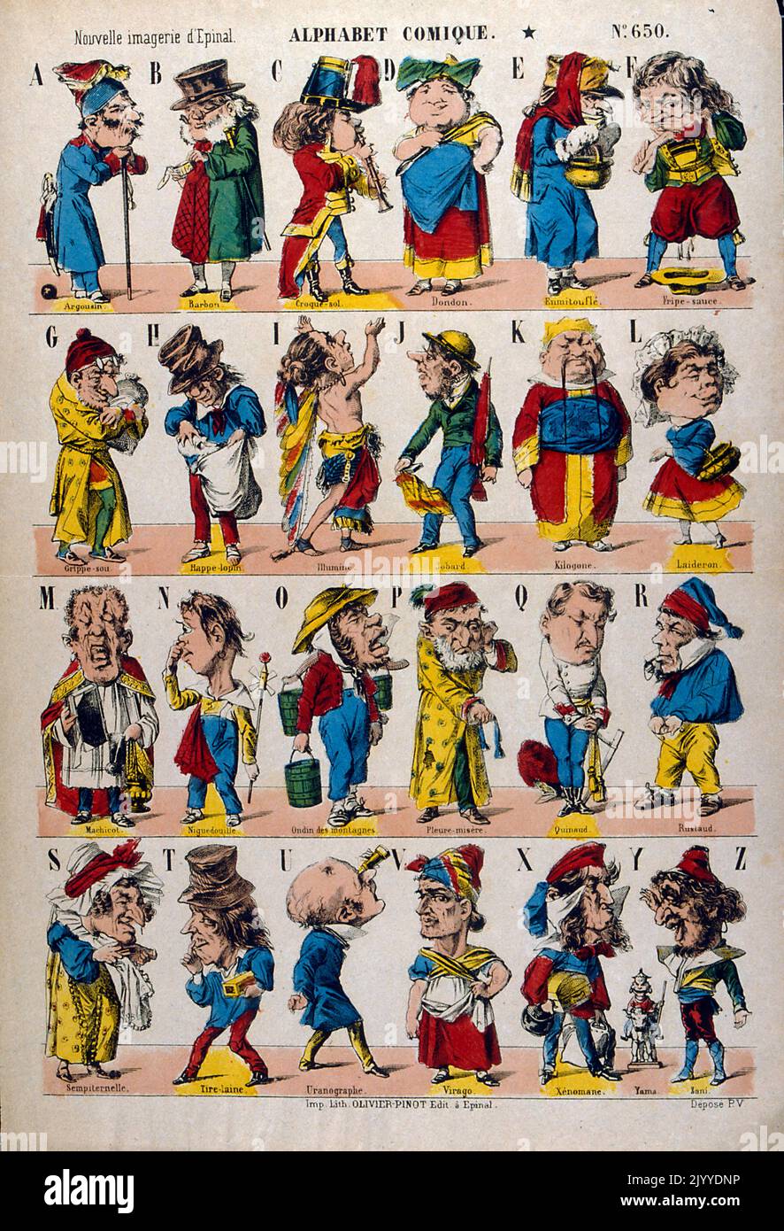 Coloured poster depicting the alphabet with comical characters. Illustrated by Jean-Charles Pellerin Stock Photo