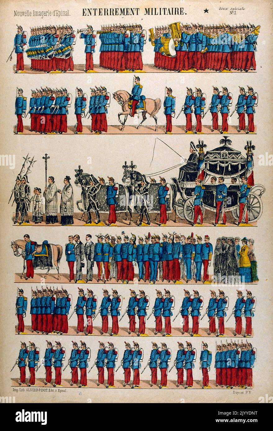 Coloured poster depicting how the military bury its dead. Illustrated by Jean-Charles Pellerin Stock Photo