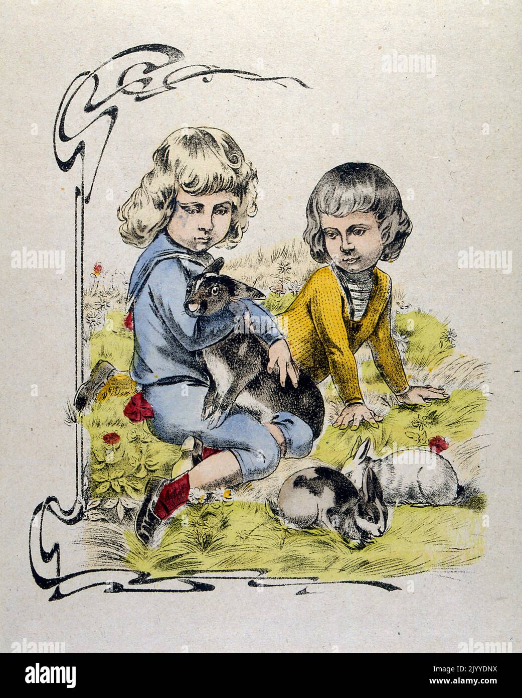 Coloured Illustration depicting two children with their bunny rabbits sitting in the garden. Stock Photo