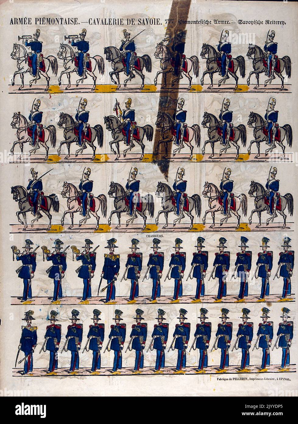 Coloured poster depicting the soldiers of the Cavalry of Savoie, namely the Piemontaise Army Stock Photo