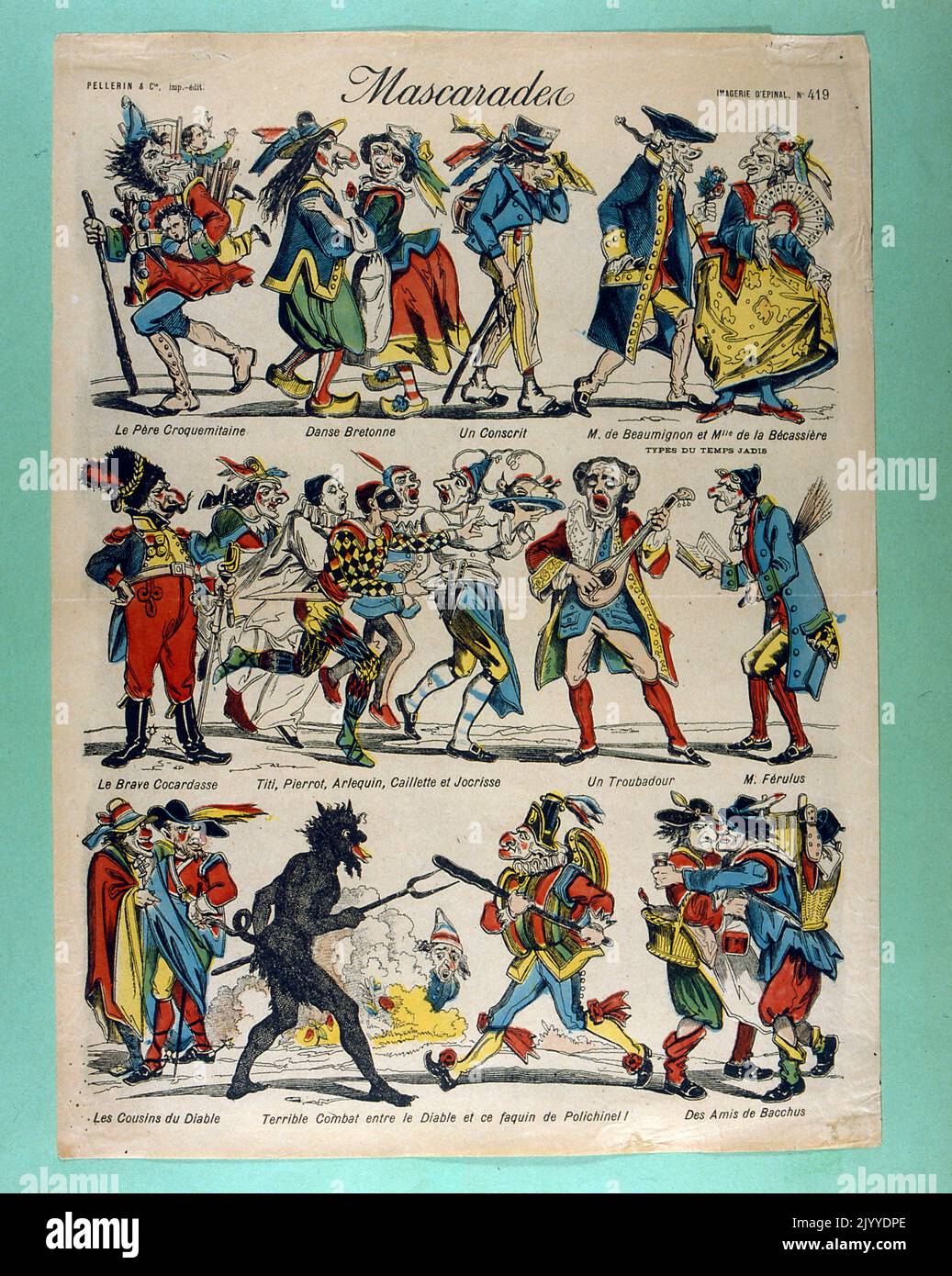 Coloured poster depicting the various types of characters found at a masquerade. Stock Photo