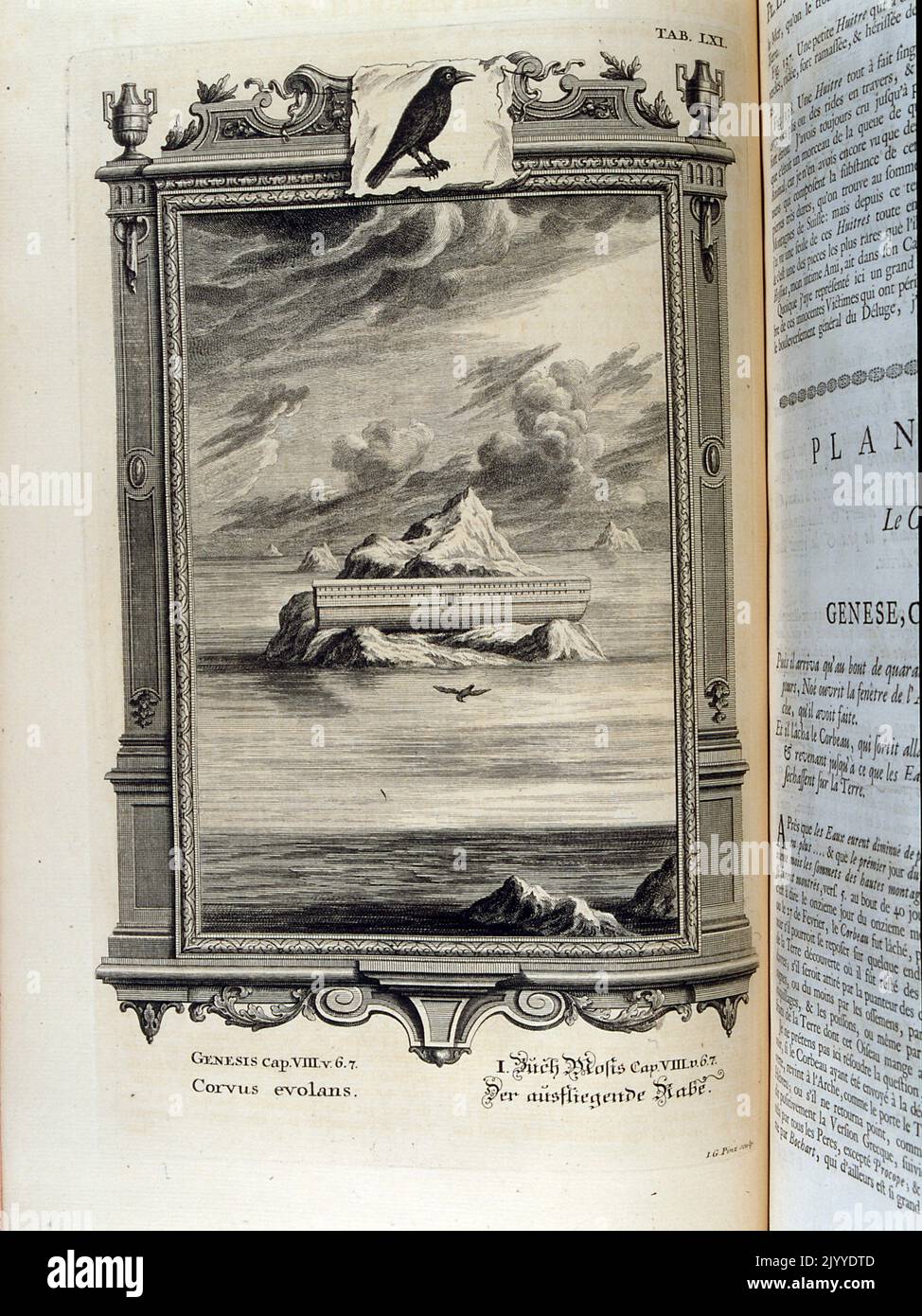 Engraving depicting Noah's Ark resting on a mountain surrounded by sea