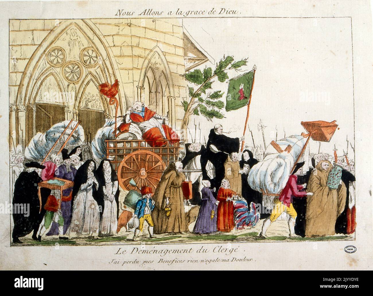 Coloured Illustration depicting a procession of clergy leaving a cathedral. Stock Photo