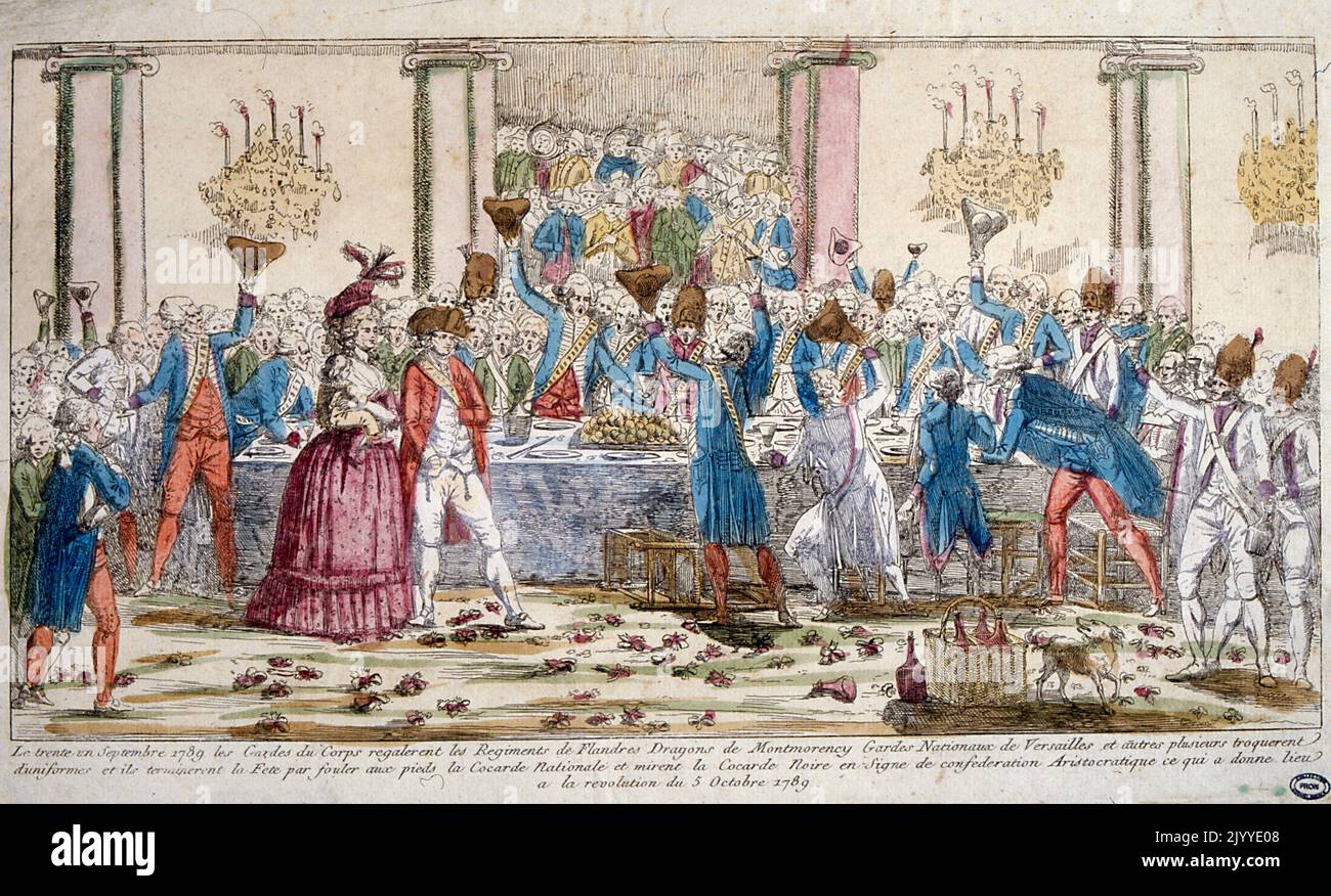 Coloured Illustration depicting a banquet in the Garden of Versailles. Stock Photo