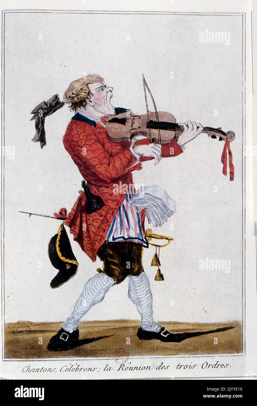 Coloured Illustration entitled 'Celebration of the Reunion of the Three Orders' depicting a musician playing a violin. Stock Photo