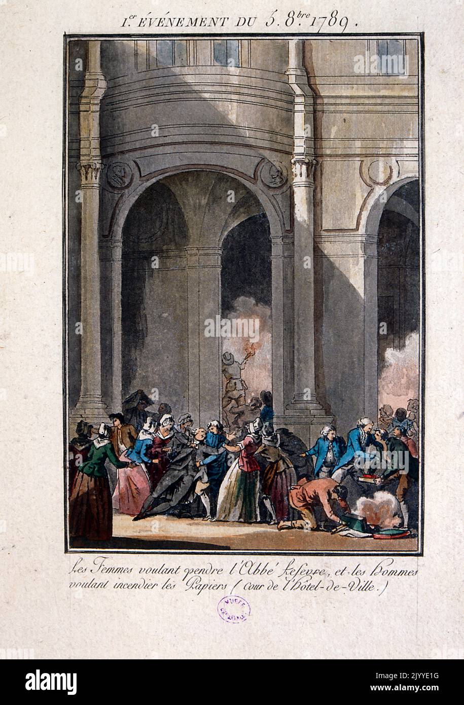 Coloured Illustration depicting women at the battle of the Hotel de Ville. Stock Photo