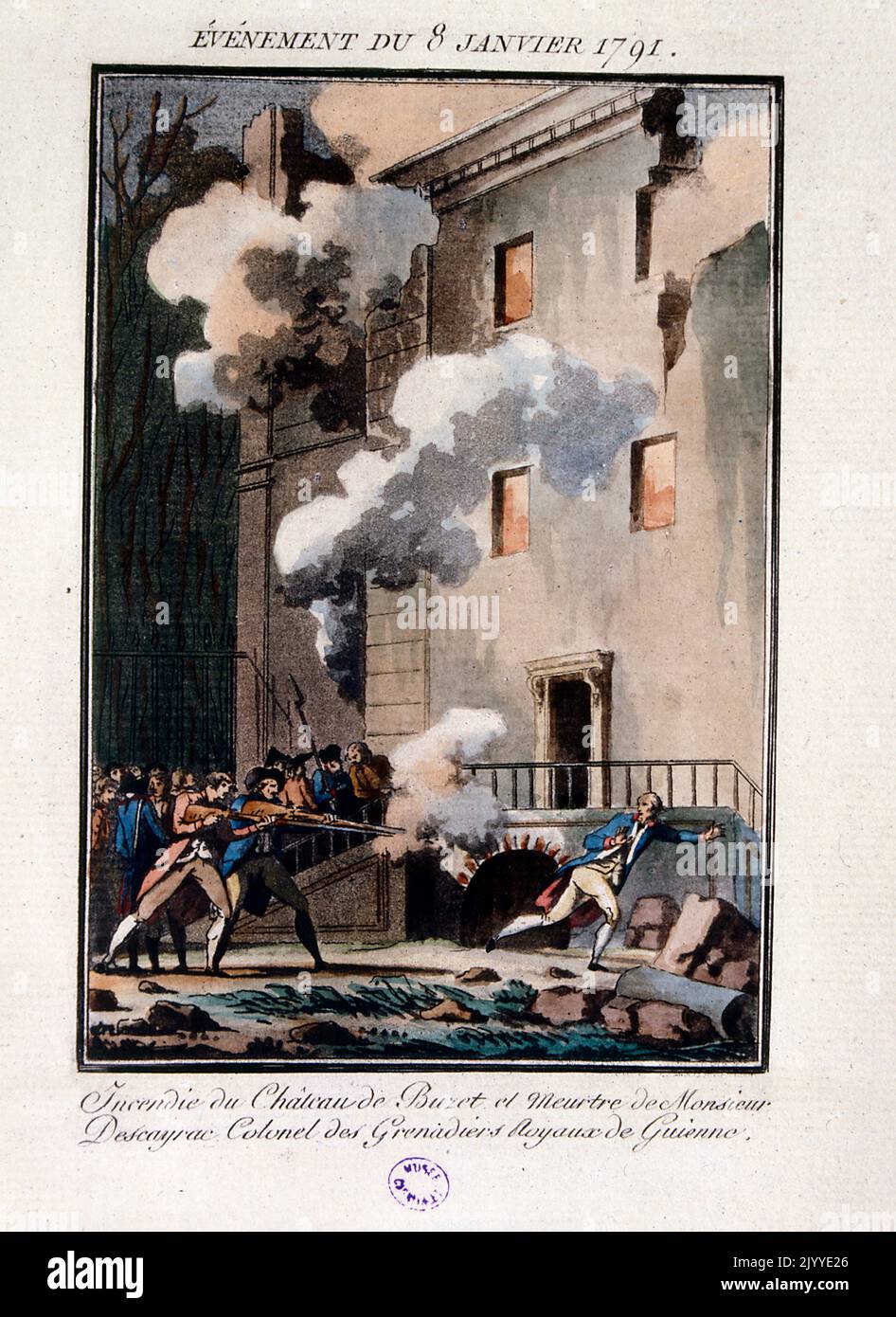 Coloured Illustration depicting the fire at Chateau du Buzet. Stock Photo