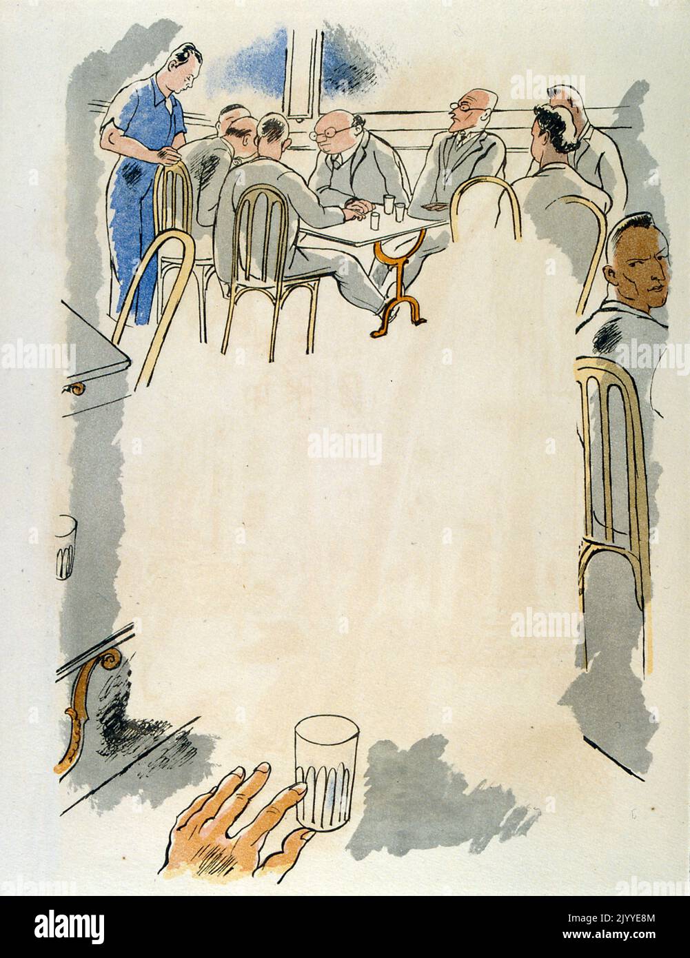 Coloured Illustration depicting men sitting at tables (prisoners of war) Stock Photo