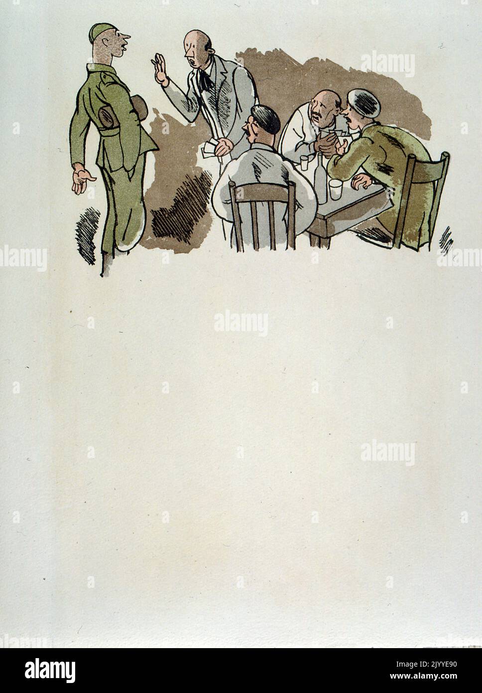 Coloured Illustration depicting soldiers talking to medical army officers. Stock Photo