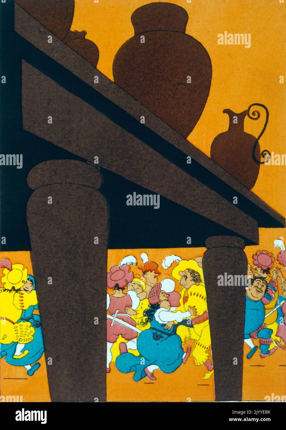 Coloured Illustration depicting a view from under a table looking out ...