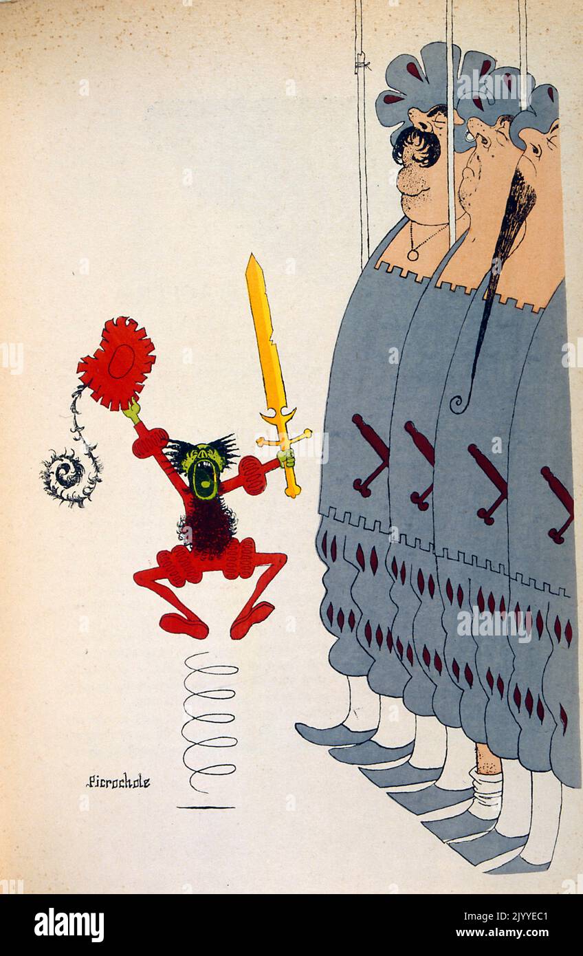 Coloured illustration depicting mad captain jumping down front soldiers